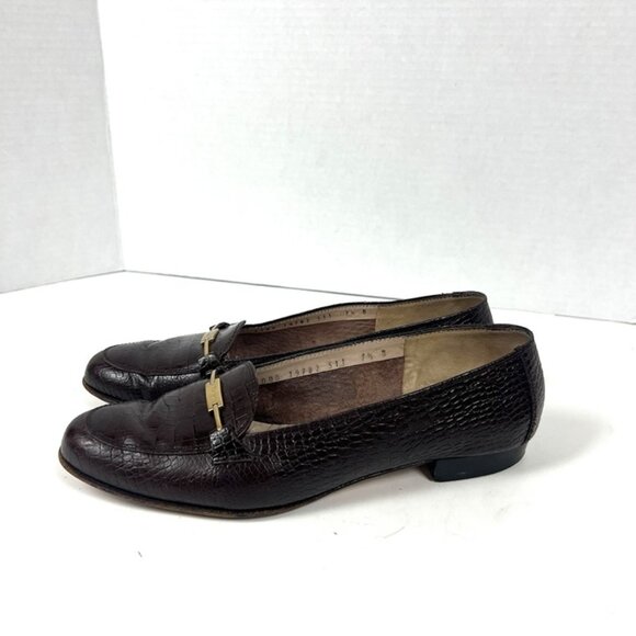 Salvatore Ferragamo Crocodile Print Brown Low Heel GOLD Buckle Loafers Sz 7.5 B - Picture 1 of 11